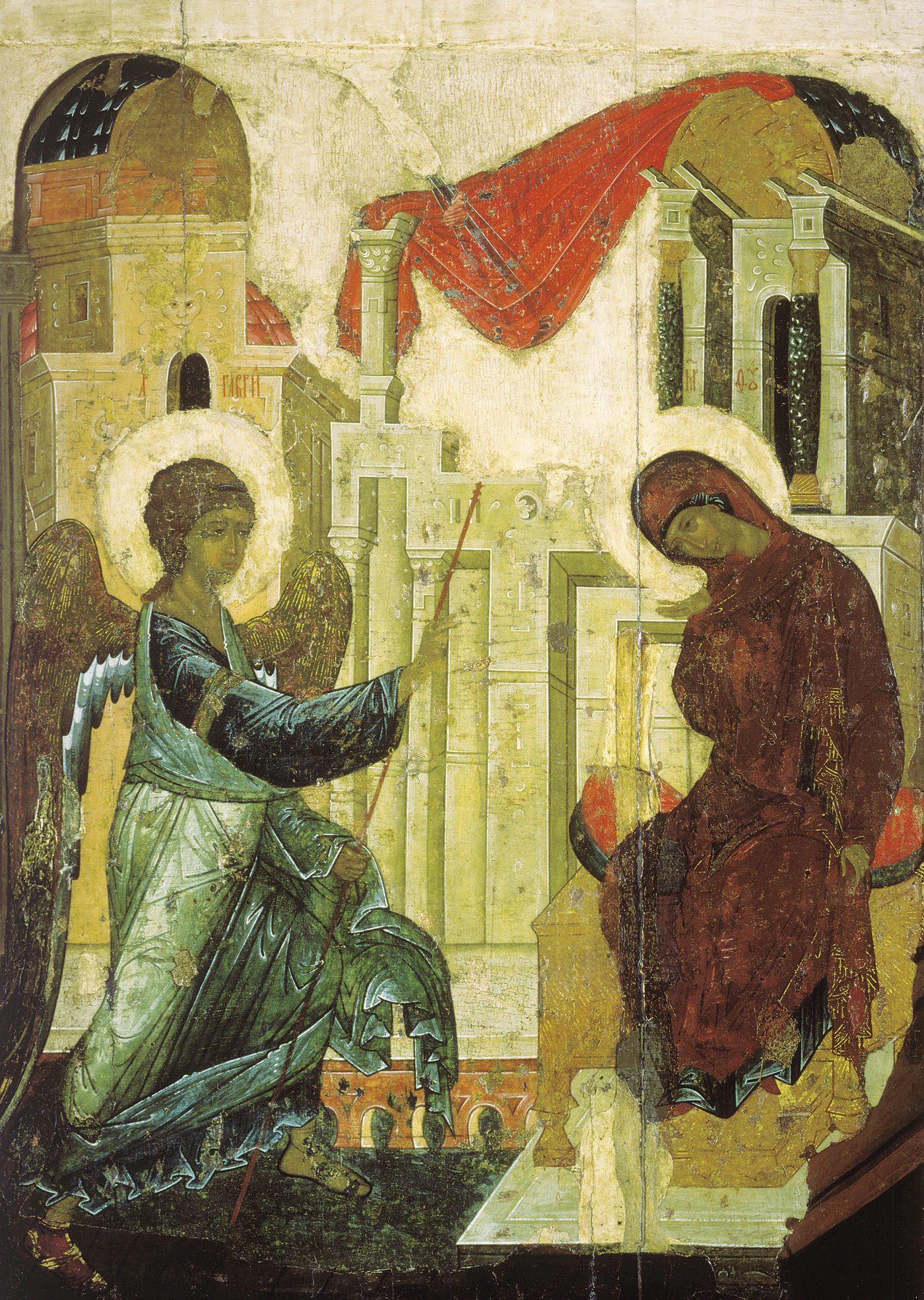 Jumalaema Rõõmukuulutamine. 1408, Andrei Rubljovi töökoda. Ikoon Vladimiri Jumalaema Uinumise kiriku ikonostaasilt, nüüd Tretjakovi galeriis